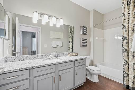 A bathroom with a marble countertop and a white toilet.