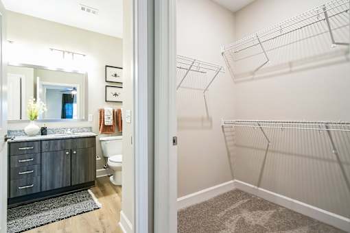 A bathroom with a walk-in closet.