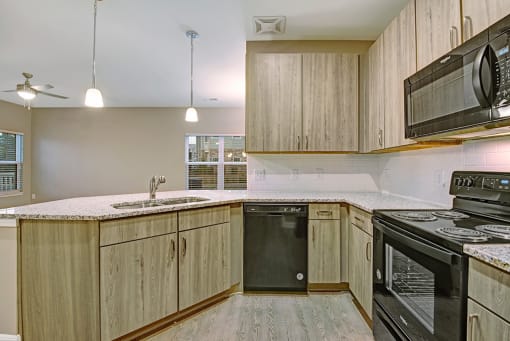 brand new interiors with black appliances and vinyl plank flooring, light wood cabinets and granite countertops at York Woods at Lake Murray Apartment Homes, Columbia