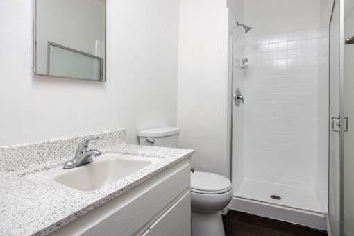 a bathroom with a sink toilet and shower