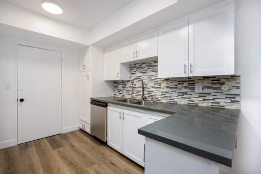 a kitchen with white cabinets and a counter top and a sink