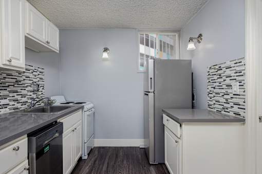 A kitchen with a refrigerator, dishwasher, and a washing machine.