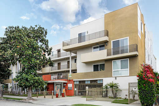an apartment building with a sidewalk and a tree in front of it