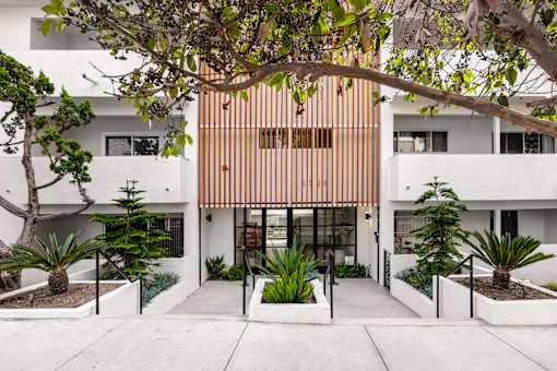 A modern house with a white exterior and a wooden slat wall on the front.