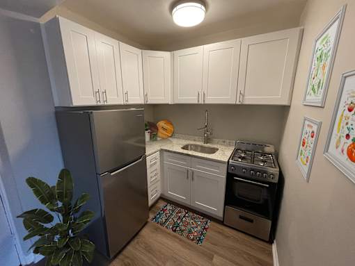 A kitchen with a stove, sink, and refrigerator.