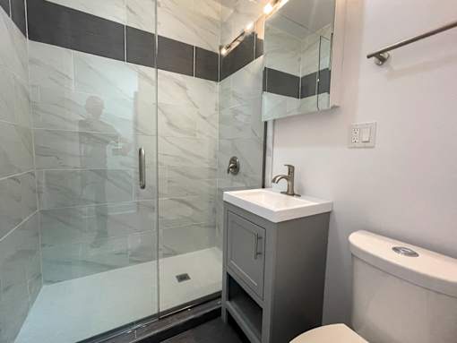 A bathroom with a walk-in shower and a white sink.