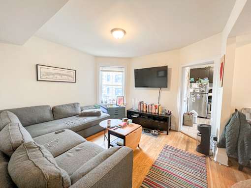 A living room with a grey sofa and a television.
