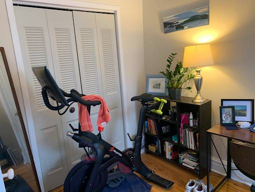 A room with a stationary bike, a bookshelf, a lamp, and a painting on the wall.
