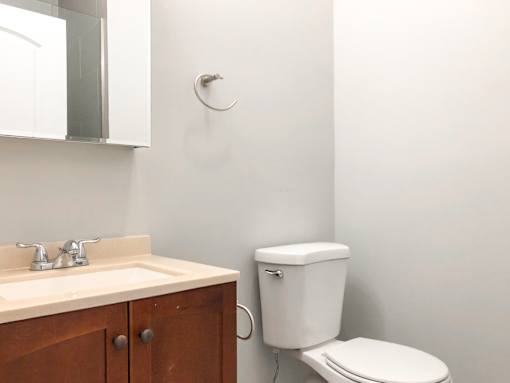 A white toilet sits next to a sink in a bathroom.