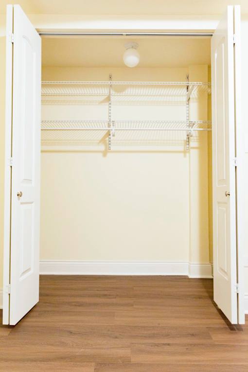 A white closet with a light on the ceiling.