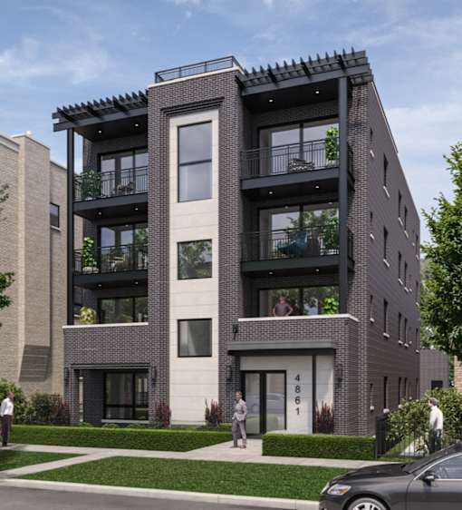 a rendering of a three story apartment building on a city street