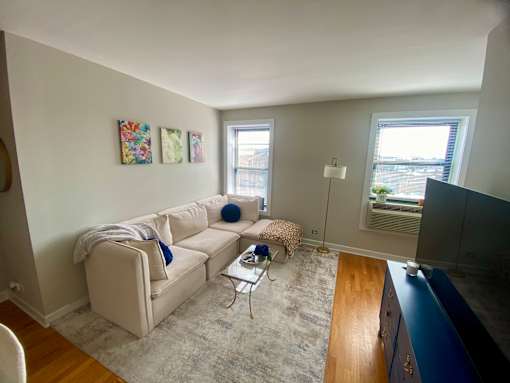 A living room with a white couch and a grey rug.