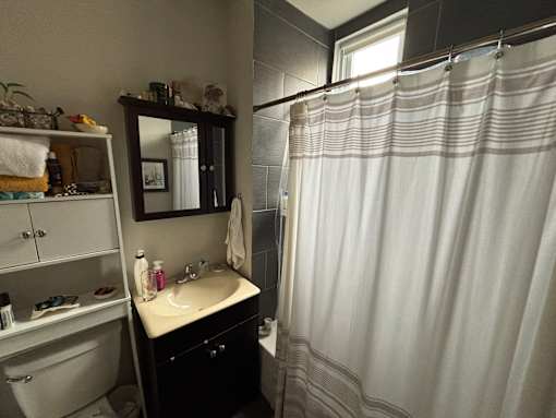 A bathroom with a sink, mirror, and shower curtain.