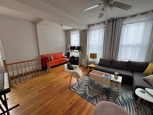 A living room with a zebra rug and a grey couch.
