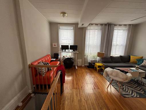 A living room with a red couch and a zebra print rug.