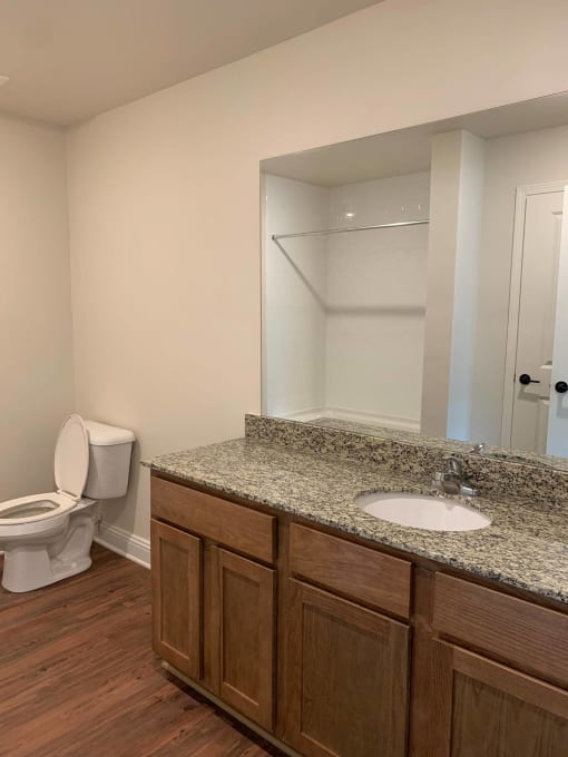 a bathroom with a sink toilet and a mirror