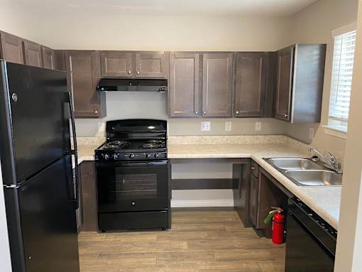 A black fridge and oven in a kitchen with wooden floors and brown cabinets.