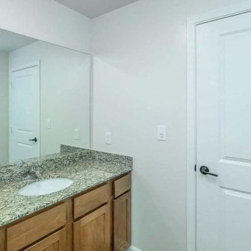 a bathroom with a sink and a mirror