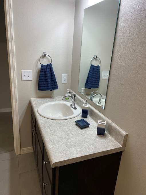 a bathroom with a sink and a mirror