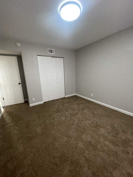 A room with a carpeted floor and two doors.