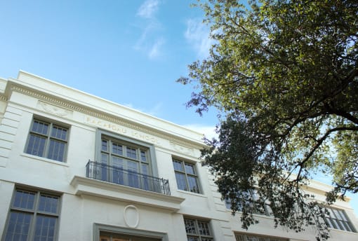 a white building with a tree in front of it