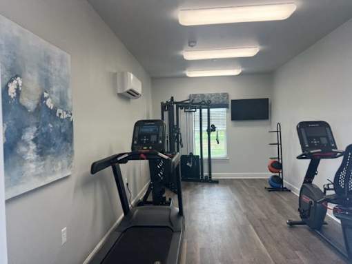 A gym with treadmills and exercise equipment.