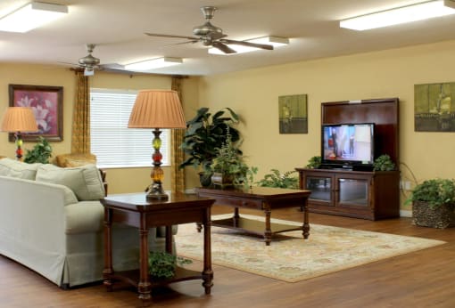 a living room with a couch and a television