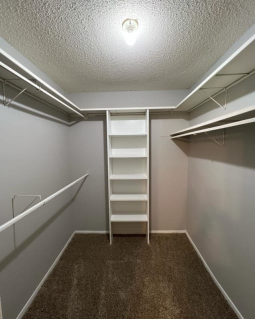 a walk in closet with a ladder and a shelf in it