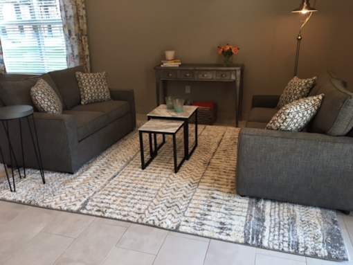 A living room with a grey couch, a coffee table, and a rug.