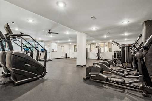 A gym with treadmills, elliptical machines, and a fan.