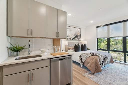 A modern kitchen with a stainless steel dishwasher and a sink with a potted plant on the counter.