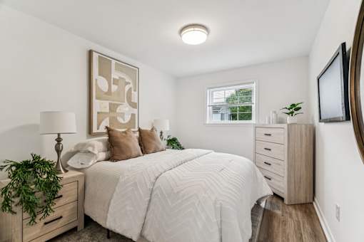 A bedroom with a large bed, a lamp, and a plant.