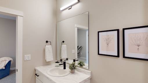 A bathroom with a white sink and a mirror above it.