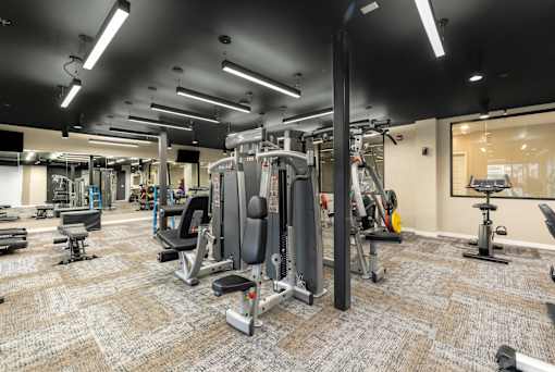A gym with a variety of equipment including a squat rack, leg press, and a bench press.