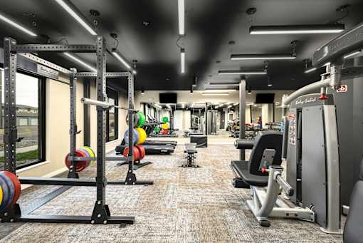 A gym with a variety of equipment including weightlifting machines and a bench.