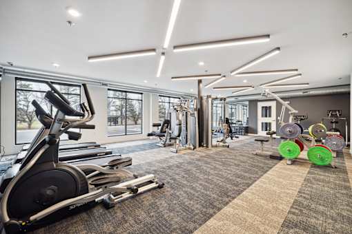 A gym with cardio equipment and weight equipment.