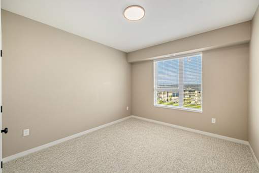A room with a window and a carpeted floor.