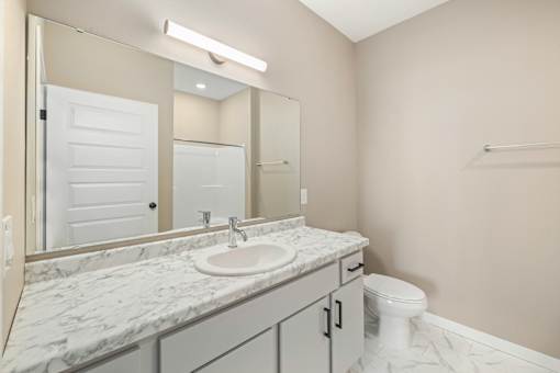 A bathroom with a marble countertop and a white toilet.