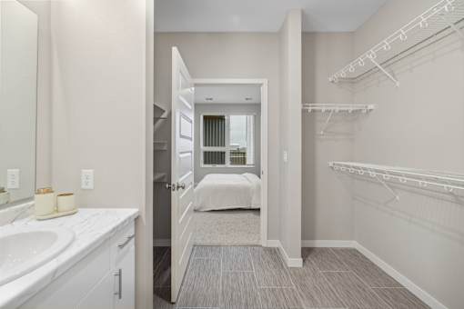 a bathroom with a sink and a mirror and a walk in closet