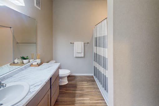 A bathroom with a toilet, sink, and mirror.