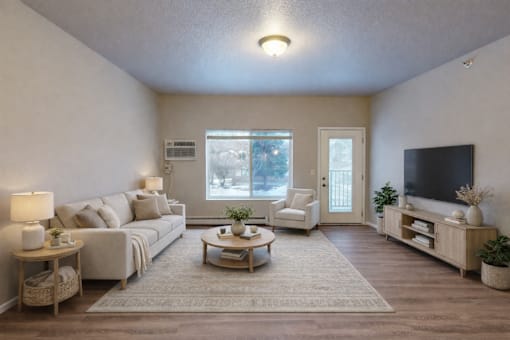 A living room with a couch, a chair, a coffee table, and a television.