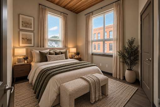 A bedroom with a large bed and a view of a building outside the window.