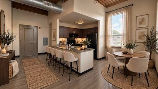 A modern kitchen with a dining area and a bar.