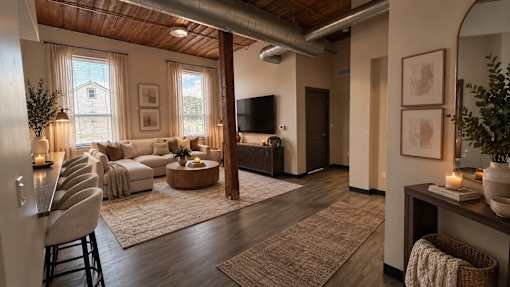 A living room with a couch, chairs, and a television.