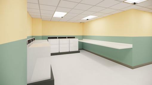 A room with a white table and a green wall.