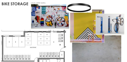 a collage of three different views of a bike store and a page of plans