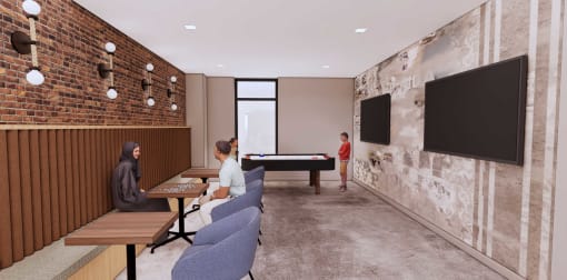 a rendering of a communal room with a pool table and people sitting at tables