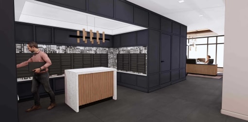 a rendering of a kitchen with a person standing next to a counter