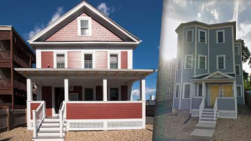A red house with white trim and a porch.