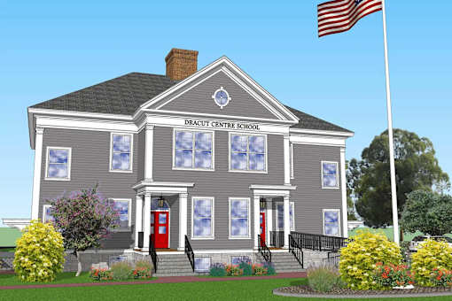 A rendering of a building with the name Dracut Centre School.